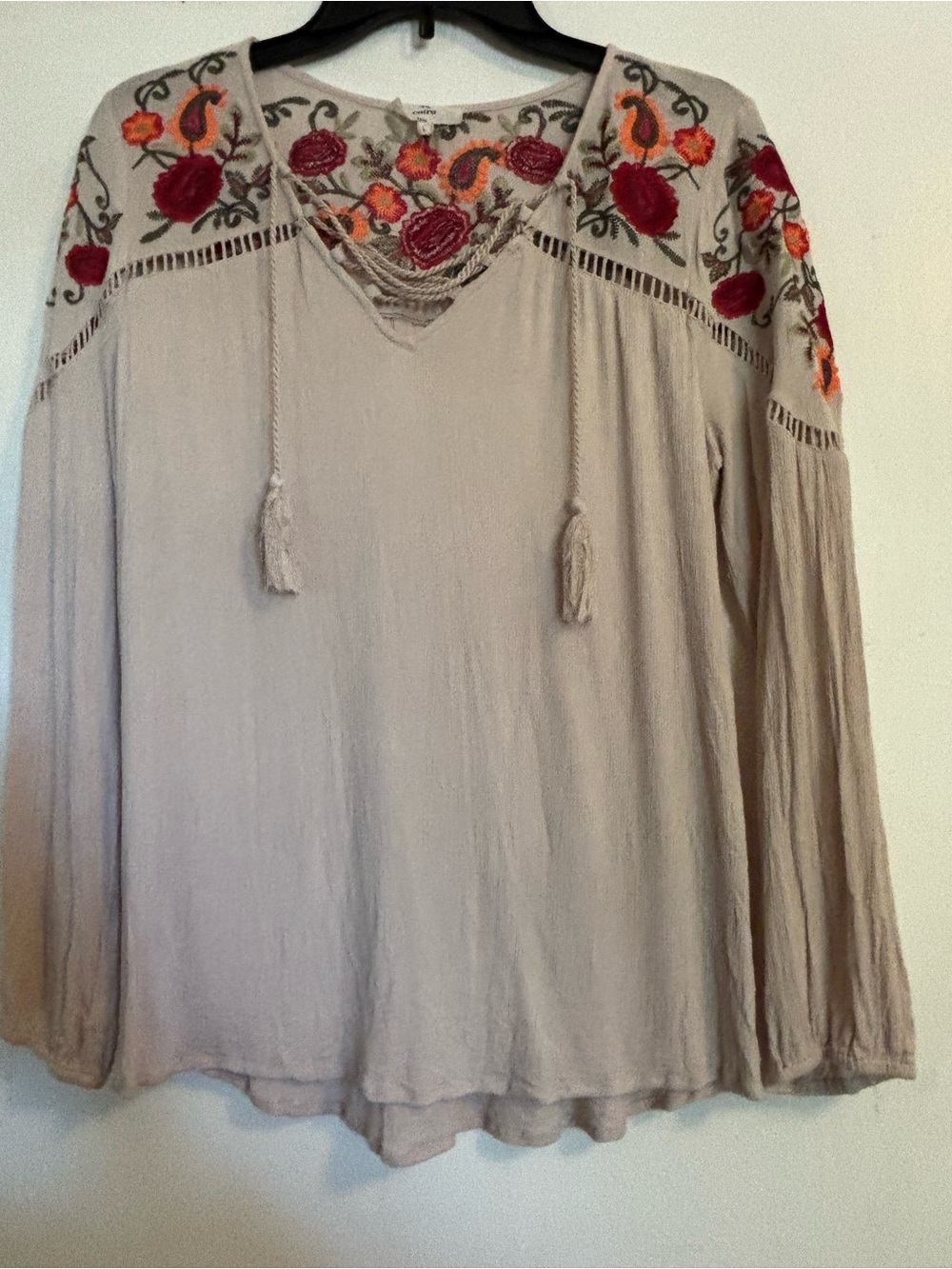entro Beige Boho Tunic with Red & Orange Floral Embroidery